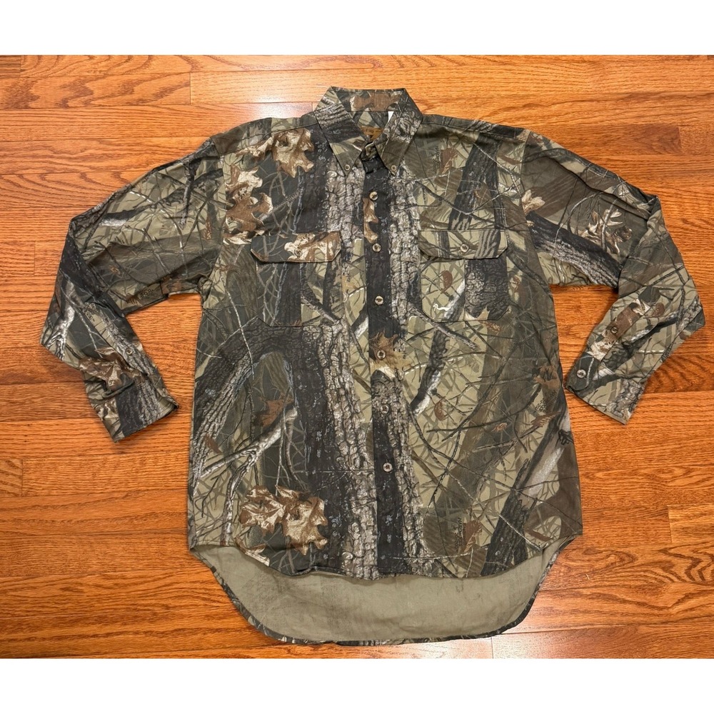 Vintage Duxbak Hunting Camo Shirt Mens Medium Realtree Hardwoods Bark & Leaf